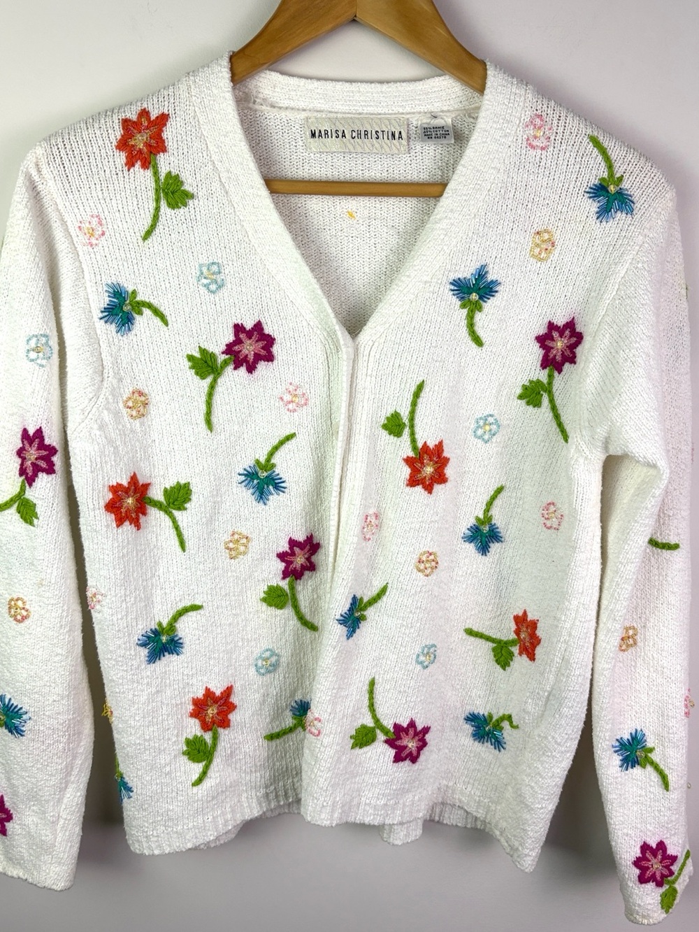 Vintage Marisa Christina Floral Embroidered V-Neck cardigan Sweater size S/M